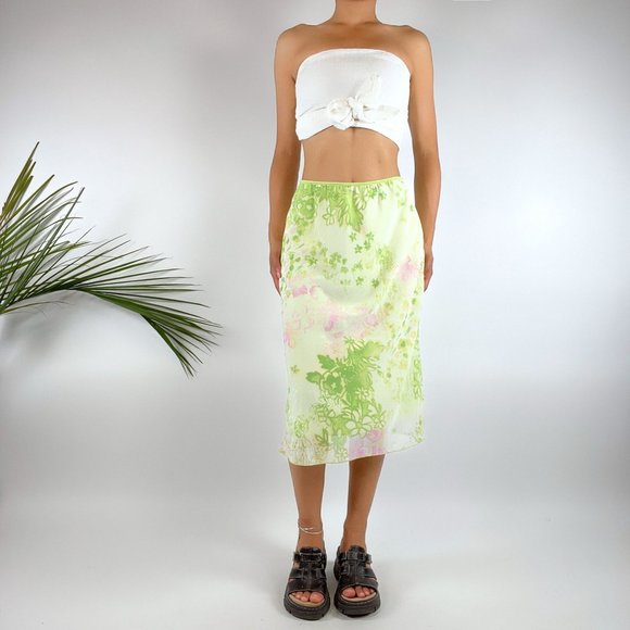 Vintage Y2K Fairycore Pastel Green Cottagecore Floral Midi Skirt / Size: Large - Picture 3 of 6